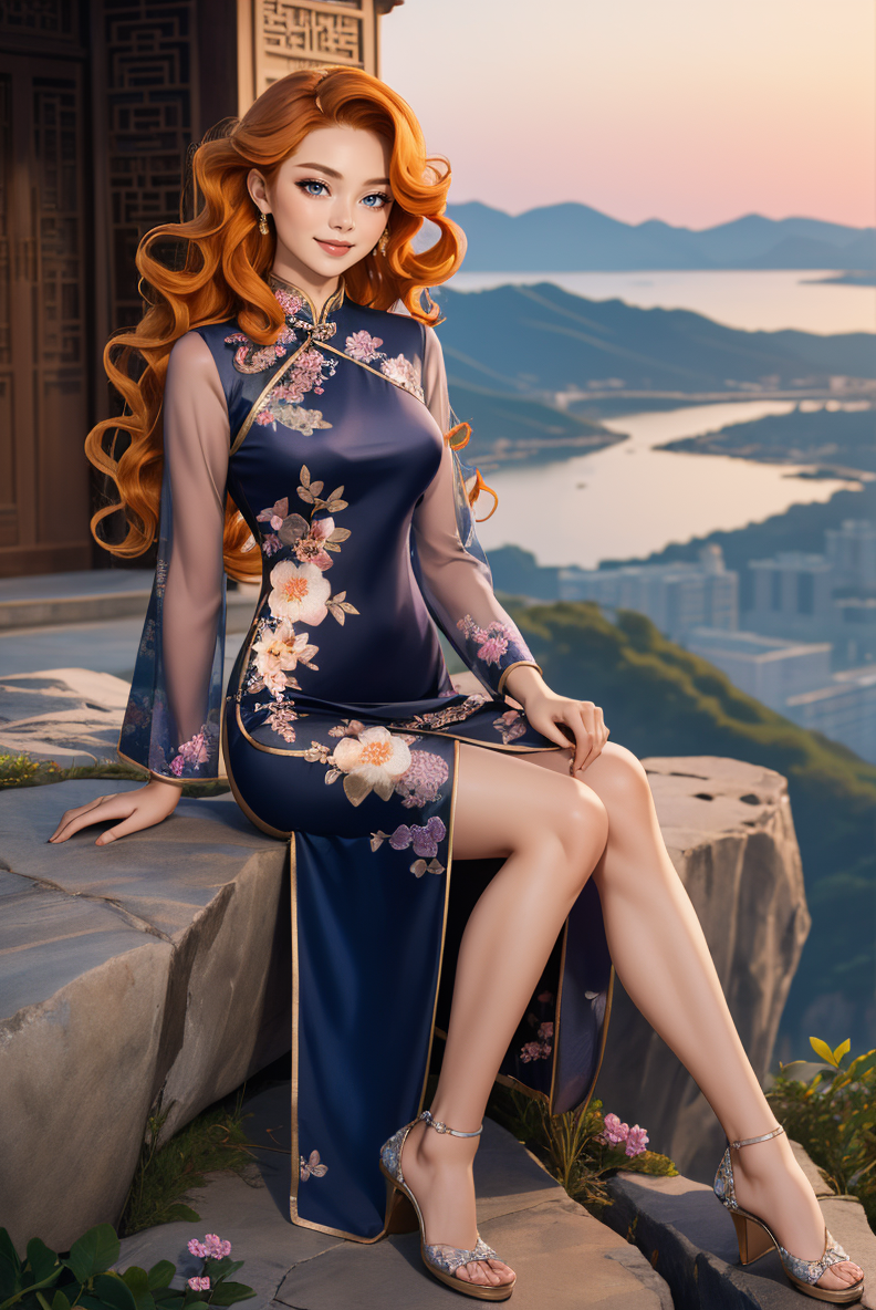 00132-full body, (ginger wavy hair_1.3), woman,  smile, ch30ngs4m_1, long silk cheongsam, embroidered flowers, sheer sleeves, hair dec.png